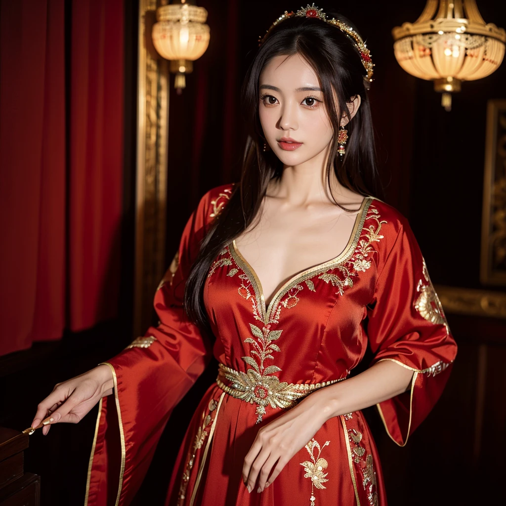 ((Highest quality)), ((masterpiece)), (detailed), (Perfect Face)、The woman is Ogiso Setsuna, with light brown, medium-long hair and is wearing a gorgeous, red, sexy, long-slit party Chinese dress with gold embroidery and trim.