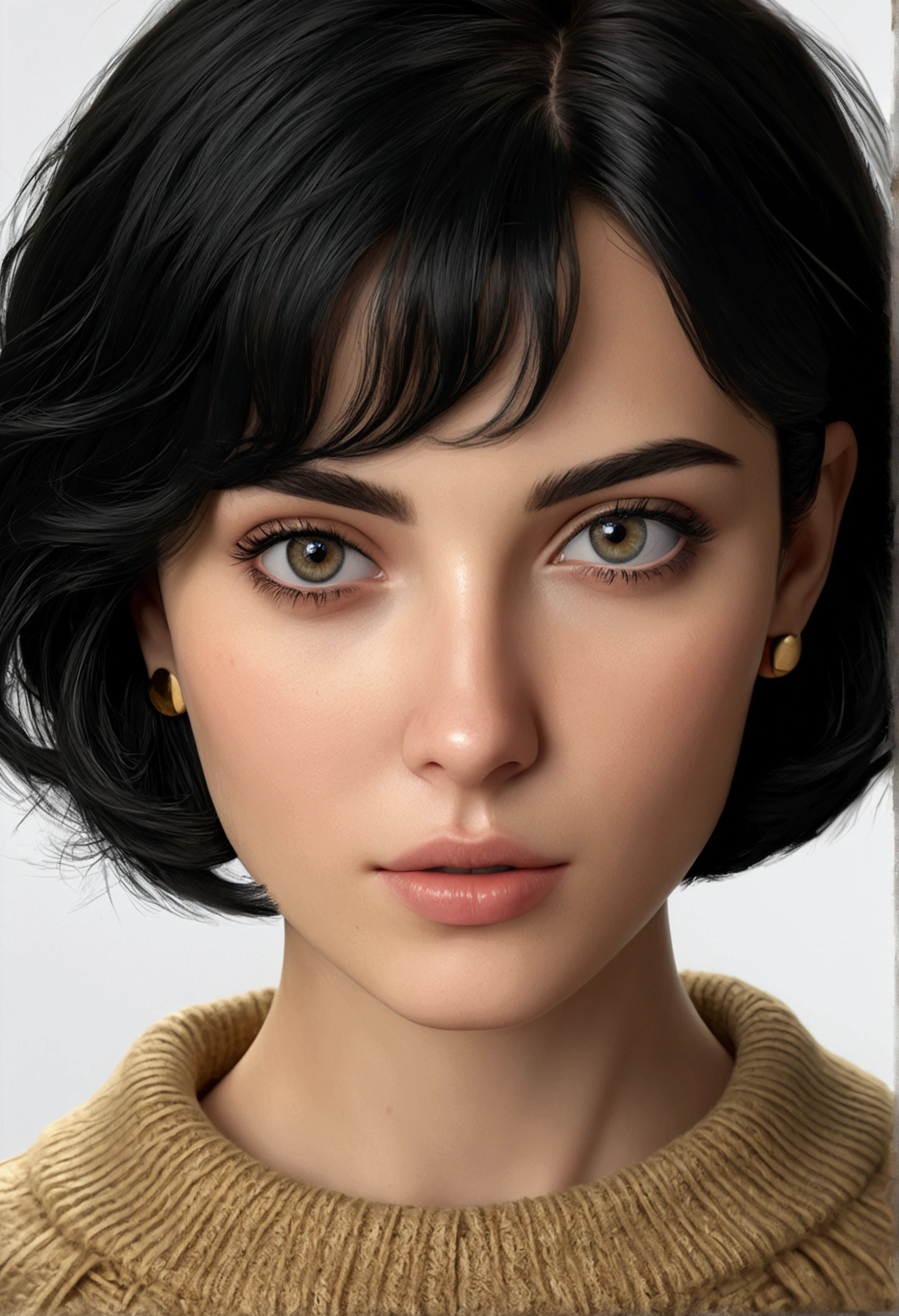 (masterpiece:1.3), (8k, realistic, RAW photos, best quality: 1.4), (1 woman), beautiful face, (realistic face), (black hair, Short hair:1.3), beautiful hairstyle, realistic eyes, beautiful and delicate eyes, (realistic skin), beautiful skin, (sweater), absurd, attractive, ultra high resolution, extremely realistic, very detailed, golden ratio