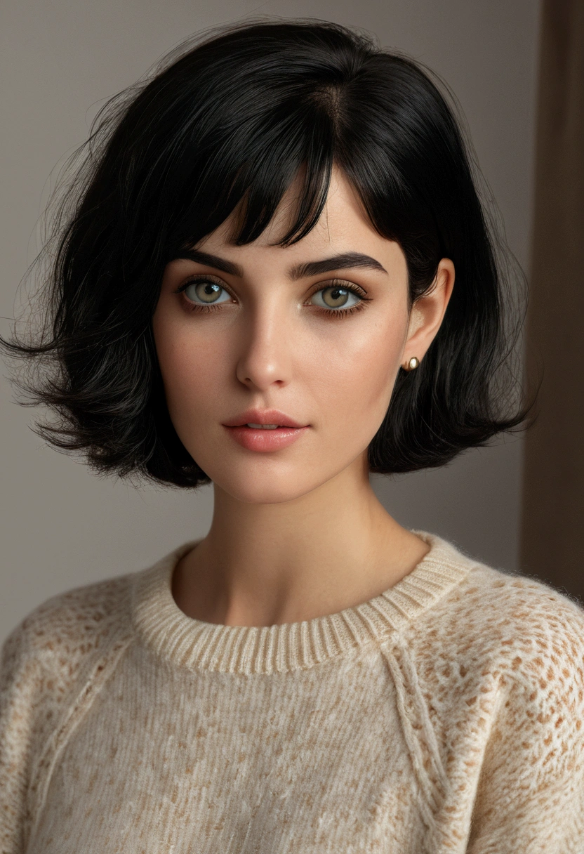 (masterpiece:1.3), (8k, realistic, RAW photos, best quality: 1.4), (1 woman), beautiful face, (realistic face), (black hair, Short hair:1.3), beautiful hairstyle, realistic eyes, beautiful and delicate eyes, (realistic skin), beautiful skin, (sweater), absurd, attractive, ultra high resolution, extremely realistic, very detailed, golden ratio
