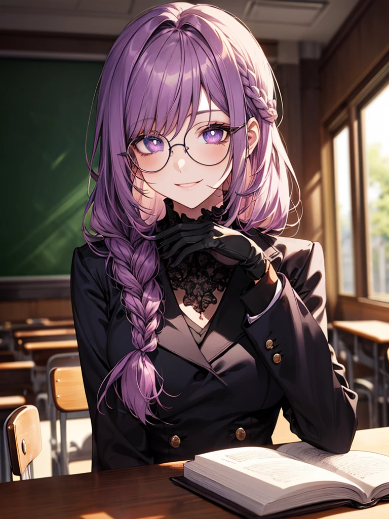 men's,single braid hair,violet colored hair,(Eye 1:2,Clear eyes,Elaborate Eyes,Delicate pupils,Good eyes,eye detailed),Face Focus,Adult,In black suit,best qualtiy,facial detailing,Classroom,sit on desk,sitting in the couch,lazy,Detailed background,diffuse sunlight,depth of fields,Studying Smiling at your desk, violet eyes,black gloves, round glasses, long sleeves,violet hair, smile,