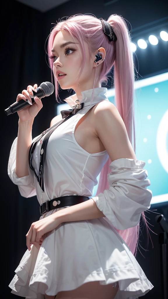 (A photo of a beautiful girl in fashionable casual clothes singing into a microphone with headphones on in a recording studio was posted on social media.) (The beautiful girl is 17 years old, 18% Japanese, 26% French, and 56% Ukrainian, 178 cm tall, small bust but good style, with a beautiful, well-balanced figure.) (Her hair is pink ash gray and super long, tied in twin tails with black ribbons and curled in a spiral toward the end.) (Her eyebrows are the same color as her hair, thin, slightly thick and short, and her eyelashes are long.) (Her large blue eyes reflect the light of the lighting and are amazingly beautiful like pearls.) (Her nose is high like an English person, her lips are plump and shaped so that you want to kiss them, her skin is translucent white, and the balance between her head and face is in line with traditional Japanese aesthetics.) Her hands must have five fingers. Moreover, even her nails are very delicately depicted. (Single, Masterpiece, Ultra Detailed, Highest Quality, Artistic Composition, Ultra Precision, Realistic, Photorealistic, High Resolution, Dynamic Lighting Effects, Golden Ratio, Surreal). Try your best to meet all these criteria.