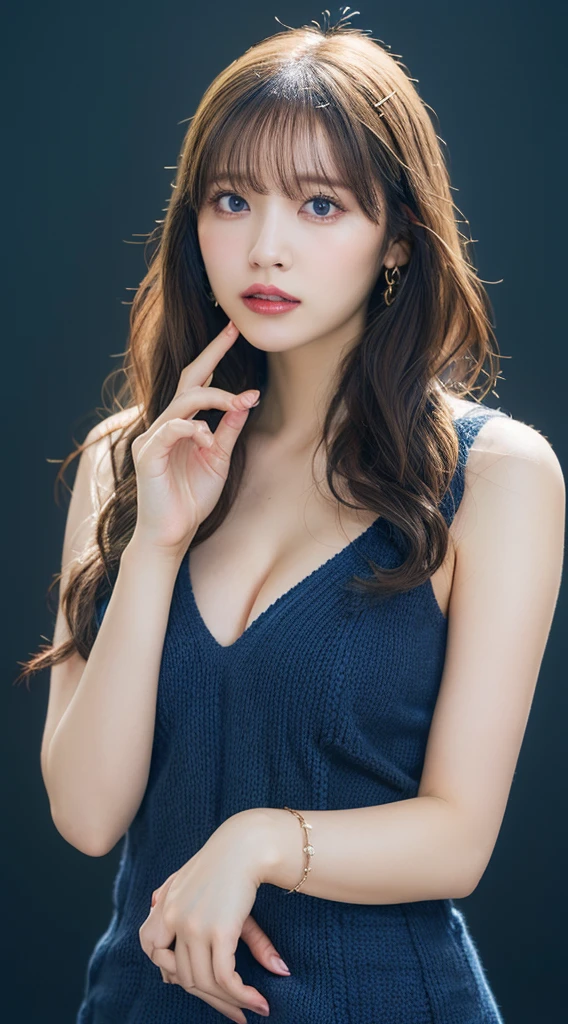 (whole body),(Shortcuts、Blonde)、(Shortcuts、Blonde)、 Highest quality, figure, Very detailed, In detail, High resolution, 8k wallpaper, Perfect dynamic composition, Beautiful attention to detail, Natural Lip, Dark blue knit dress , Big Breasts, Cleavage, Model pose