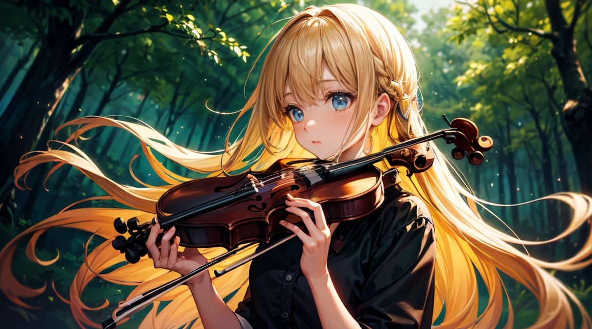 Beautiful girl playing in the forest, (Playing the violin), Play gracefully, (symphony:1.2), Yellow Hair, Long Hair, Medieval Leather Costume, (Musical notes that float like magic), (Glowing notes), (Detailed notes:1.2), (masterpiece:1.3), Highest quality, (Vibrant:1.2), Super detailed