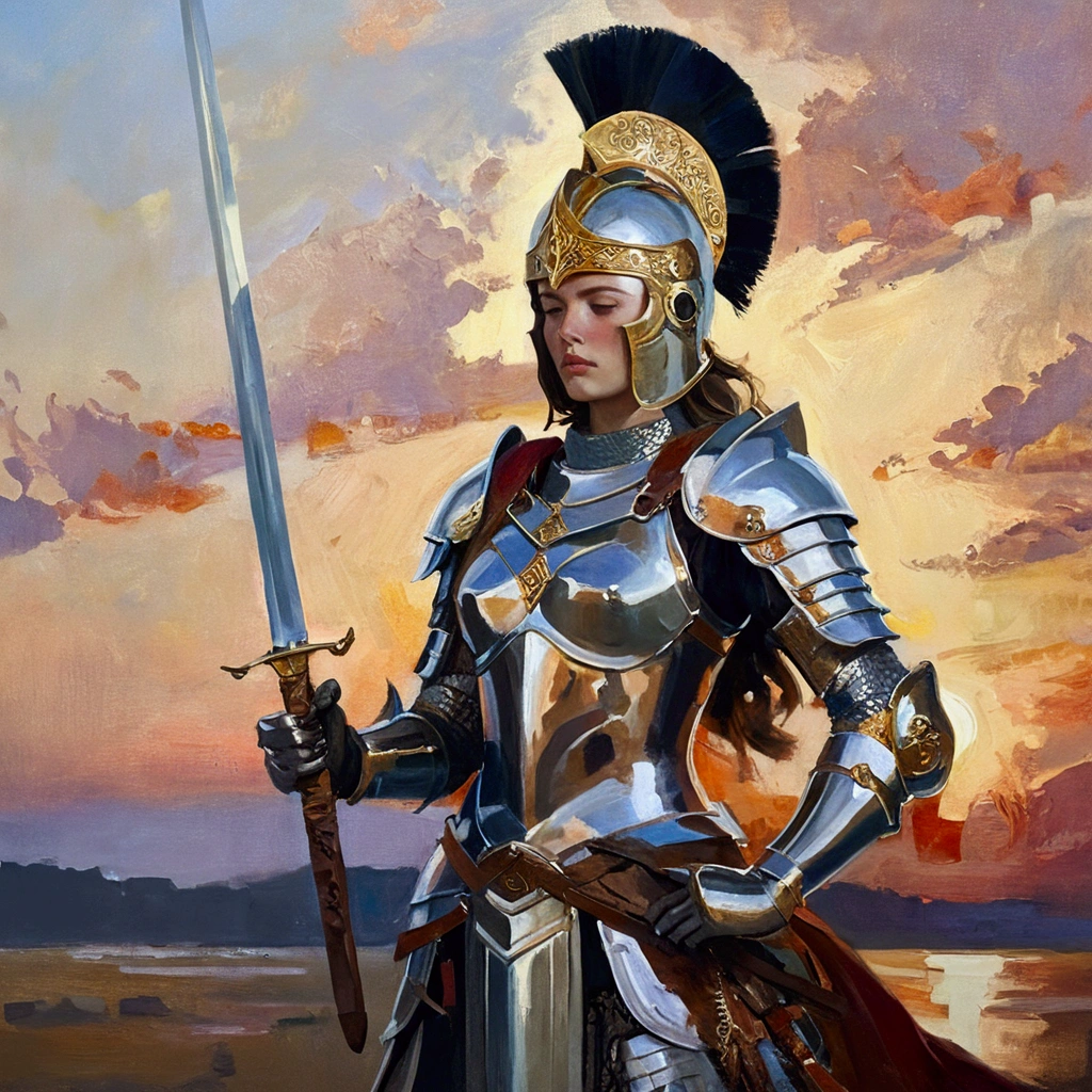 Young woman with a majestic presence, proud and self-confident, dressed in shining bronze armor, artfully decorated with filigree patterns. Her plate shines in the light of the sunset, while a magnificent plumed helmet sits on her head. In the background a glowing, Mystical sky, which reflects the phases of the lunar calendar in vibrant colors, creating a magical atmosphere. She embodies the ideal captain, the master of the battlefield and a resolute warrior, with a majestic sword in his hand. Her demeanor radiates calm and honor, while their wise eyes reflect the stories of countless battles. The picture is made in the style of an opulent oil painting, reminiscent of the works of Rubens and Klimt, with dynamic brushstrokes and bright, expressive colors.