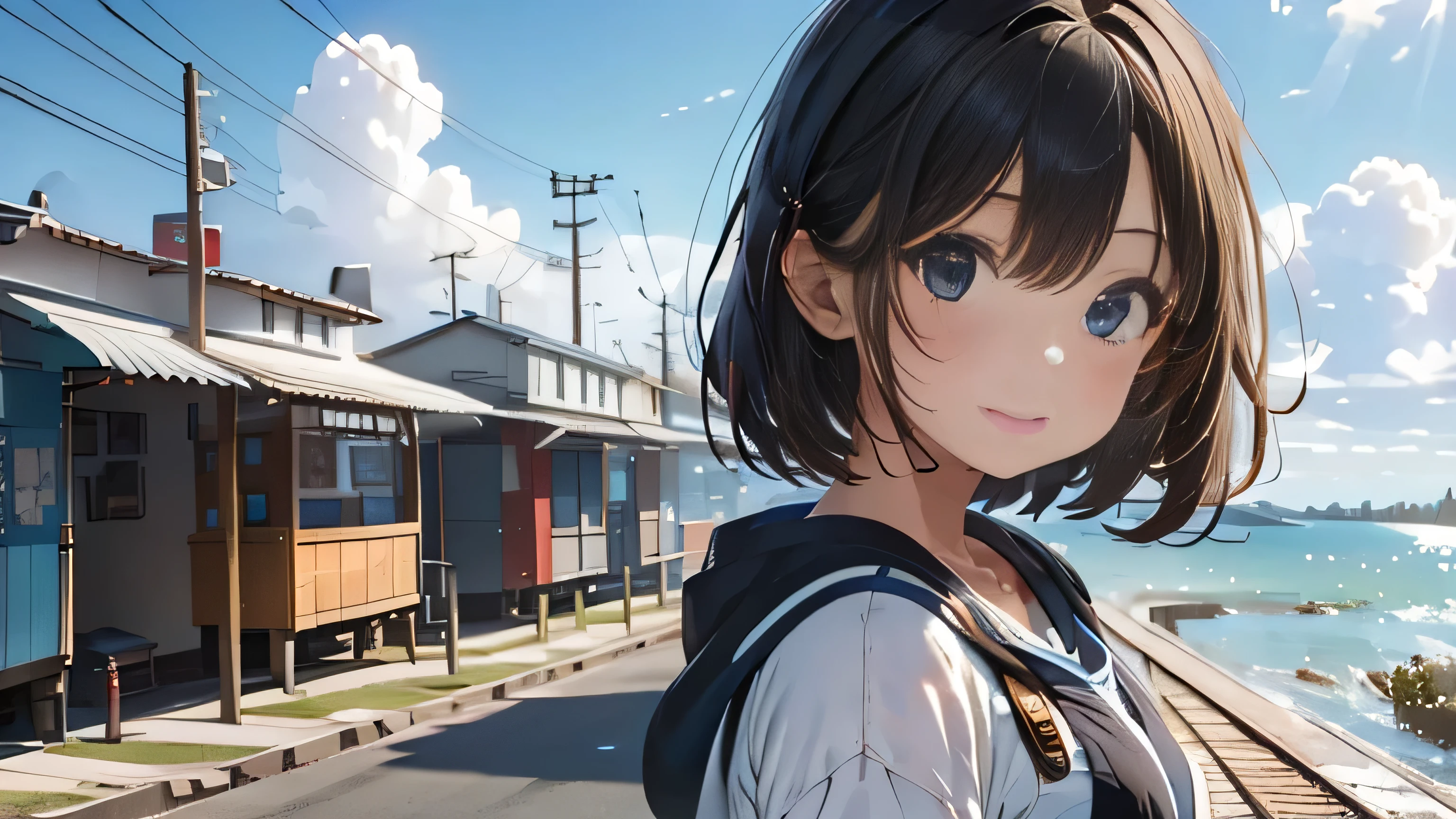 (Excellent: 1.2), (Highest quality: 1.2), (Super detailed: 1.2), A girl at a station in the sea, blue sky, ulonimbus clouds, nothing around