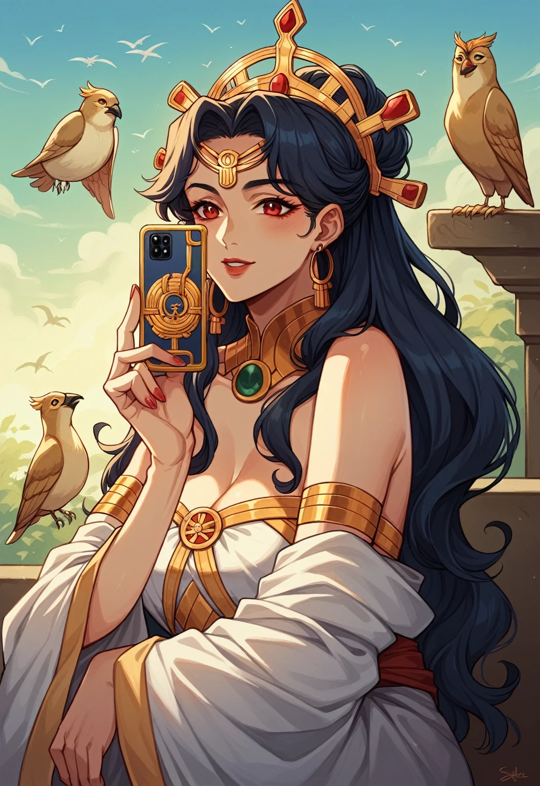 close-up of a woman, sitting on a ledge with a bird, Ancient Princess Libu, The magnificent goddess of the Lion, Persian princess, Persian queen, goddess of wisdom, Sumerian Goddess Inanna Ishtar, The goddess of Greek mythology, stunning portrait of a goddess, The goddess checks her phone, beautiful girl, goddess of love and peace, Goddess Hestia