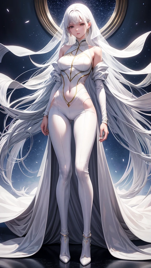 Masterpiece, a beautiful urban female model, full body white transparent clothes standing under empty night stars, disappearing transparent pants, full body standing, tall figure, slender legs, facial details, detailed body part details, 8k wallpaper