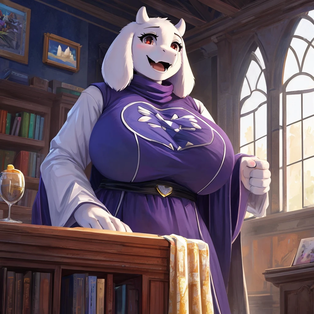 Toriel (Undertale and Deltarune), score_9, score_8_up, score_7_up, masterpiece, high quality, high resolution, 1girl, solo, (detailed beautiful faces), (perfect anatomy), huge breasts, full body, view at viewers, happy expression, indoor background