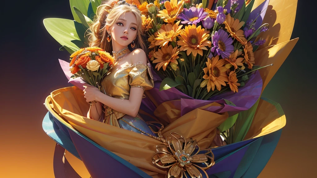 32K, 最高quality, 最高masterpiece, (ultra-Detailed Background, Detailed Background), High resolution, Super detailed, Very detailedな, One girl, (bouquet:1.3), (Tangled:1.2), (Geometric:1.2),(colorful),(masterpiece, quality, best quality, Official Art, Beautiful and beautiful:1.2), (1 girl:1.3), Very detailed,(colorful:1.1)(Flowers:1.3),Most detailed,(Tangled:1.2), whole body, (Abstract background:1.3), (Skin glows), (Many colors:1.4), ,(Earrings Jewelry:1.5), Pale Orange Background,