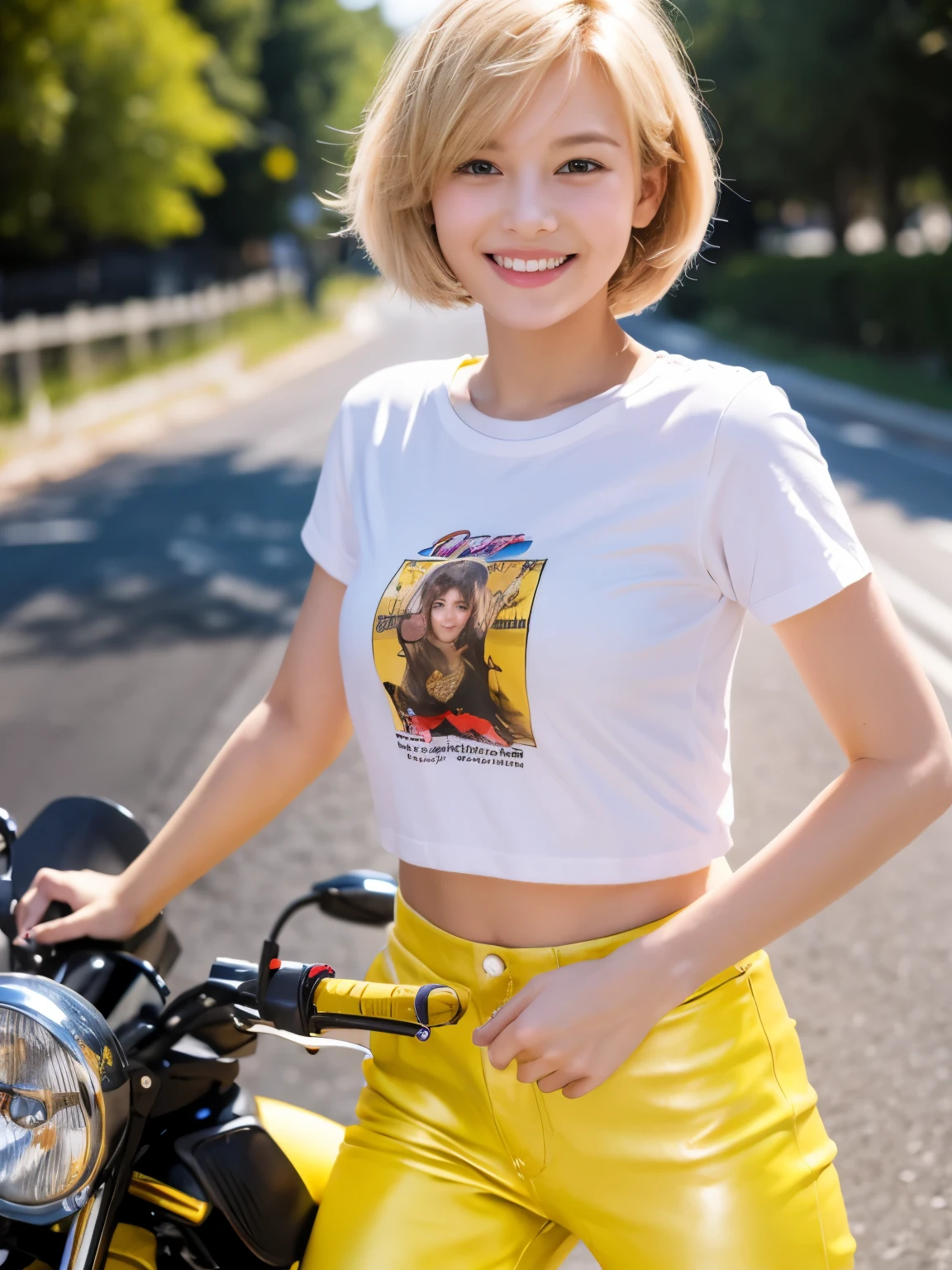 high resolution、High definition、1 girl, smile, Beautiful breasts, D Cup, (Small face:1.5), Beautiful Russian woman, (Blonde berry shorthair:1. 3), Long, slender legs, ((Riding a motorcycle on the road)), (((T-shirt and yellow leather pants)))
