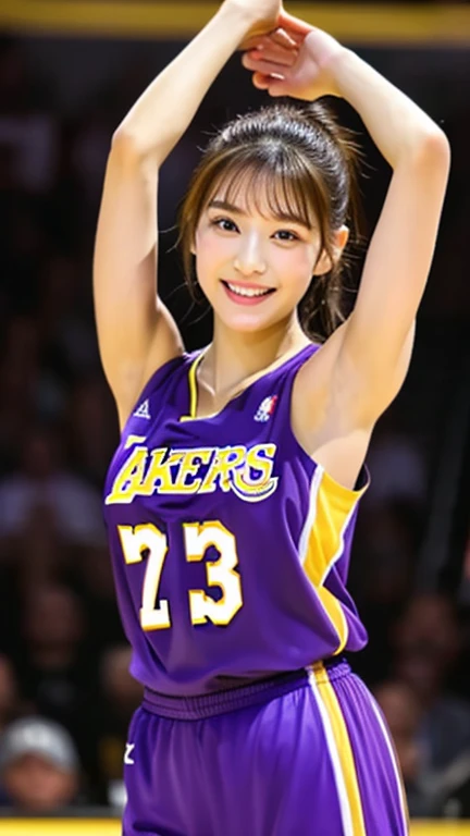 ((Highest quality、8k、masterpiece:1.3))、high resolution、Detailed Background、nba,((Los Angeles Lakers uniform))、(Basketball Court)、Young Japanese woman、(Anatomically correct body)、(Perfect Body Beauty:1.3)、Highly detailed beautiful face、Beautiful skin texture、(Cute smile)、(Well-formed eyes、Beautiful Eyes)、double eyelid、Large Breasts、Beautiful curves、Beautiful long legs、ponytail