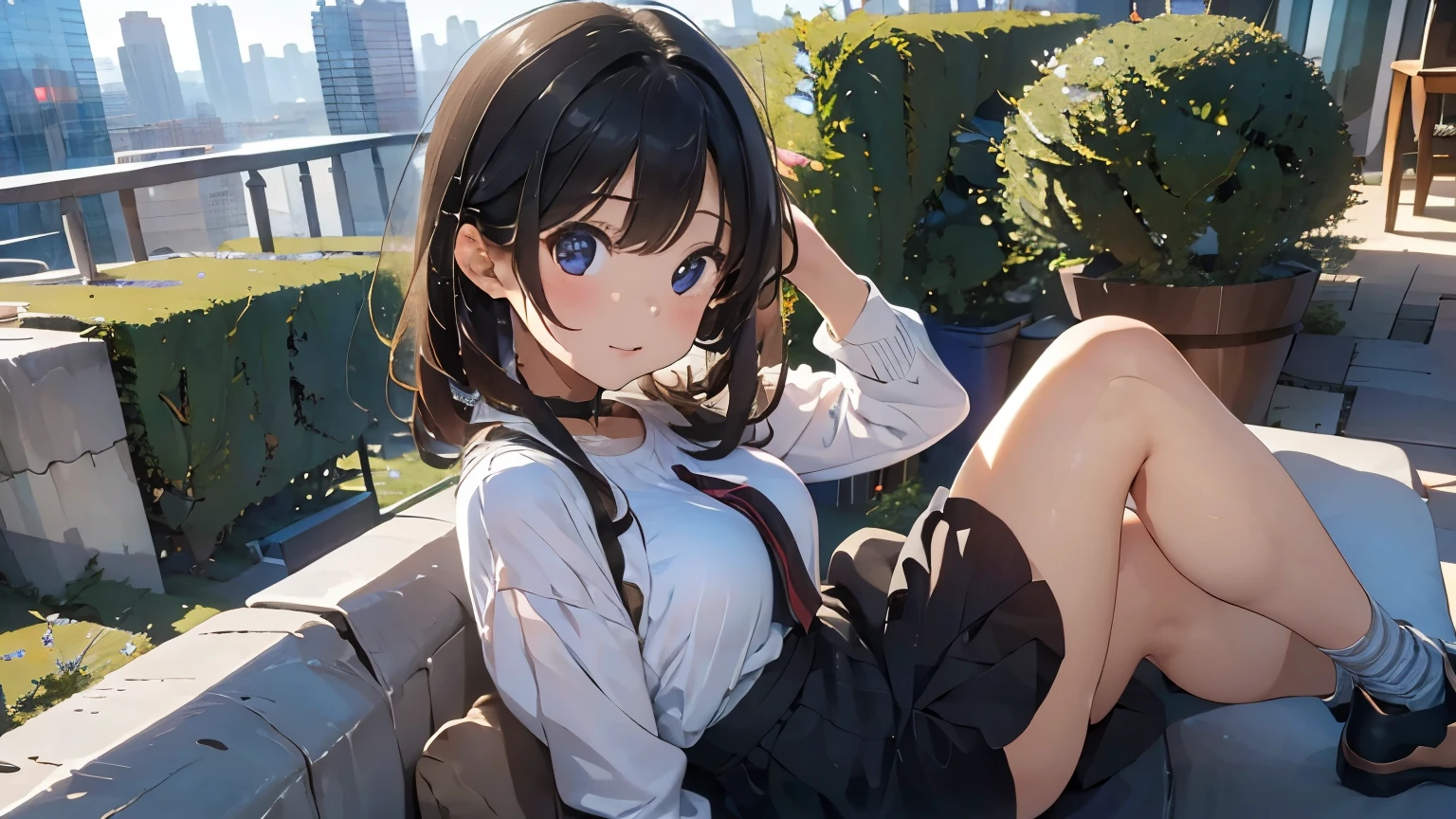 ((Highest quality, masterpiece, Esoteric, Super Resolution)) One girl, Sitting, Top floor of the building, Skyscraper, scenery, Wide-angle view, expensive