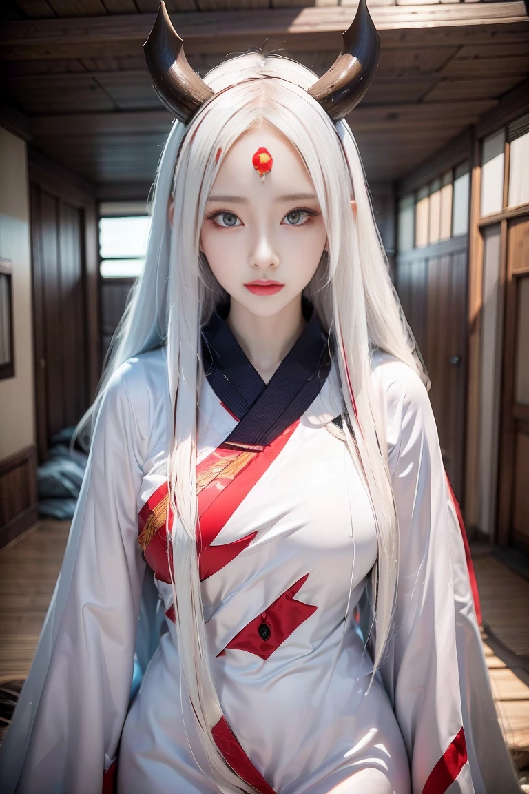 sfw, 1girl, standing, from front, front, cowboy_shot, inside japanese house, glowing red eyes, , face focused, ((white_hair)), kaguya, third eye, pale skin, horns, sharp_fingernails, forehead mark