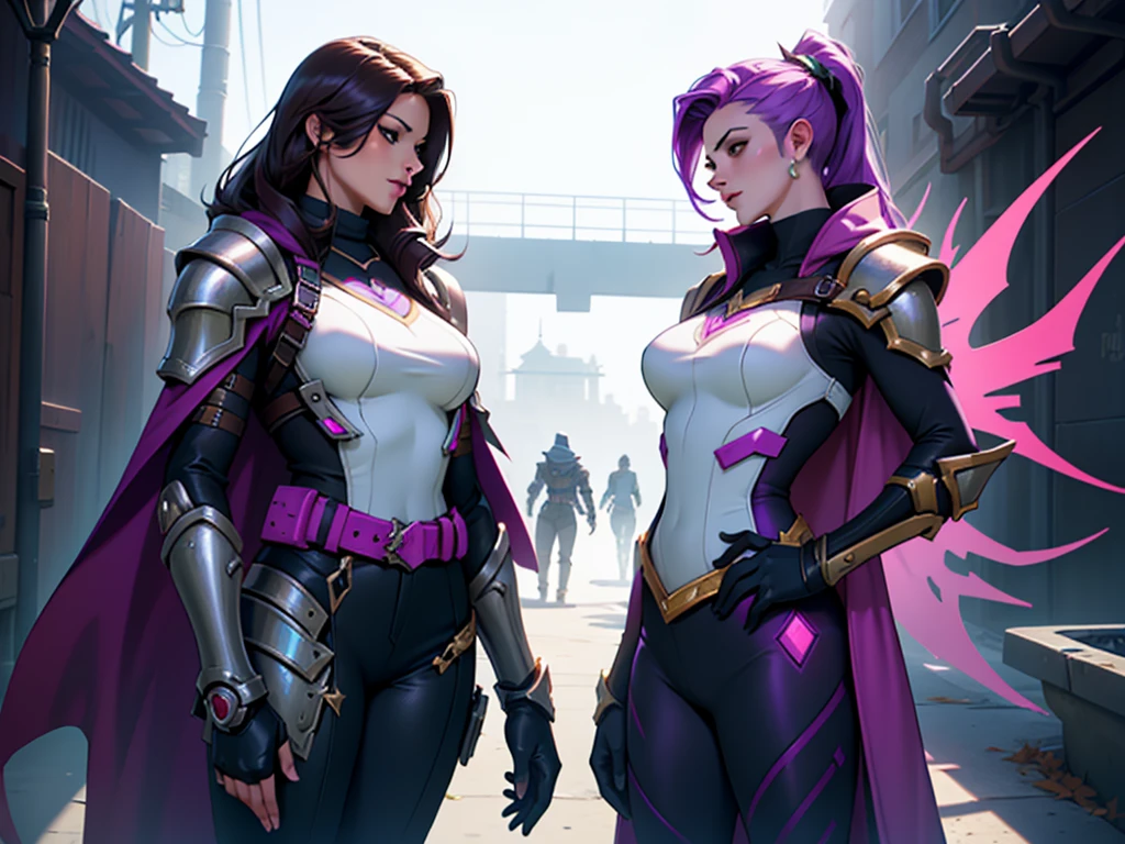 (work of art, maximum quality, best qualityer, offcial art, beautiful and aesthetic:1.2), (1 girl:1.4), Create a Shadow image, do Overwatch, usando a skin Broken Covenant da Miss Fortune do League of Legends. Imagine Sombra with the same detailed and ornate armor as the skin, with shades of purple and gold details. The armor must have a futuristic look mixed with pirate elements, including a long, flowing cape, as well as the skin&#39;s characteristic weapons and accessories. Maintain Shadow posture and expression, with a cunning and confident look, in a futuristic pirate environment, with elements of a space ship or a futuristic city in the background.