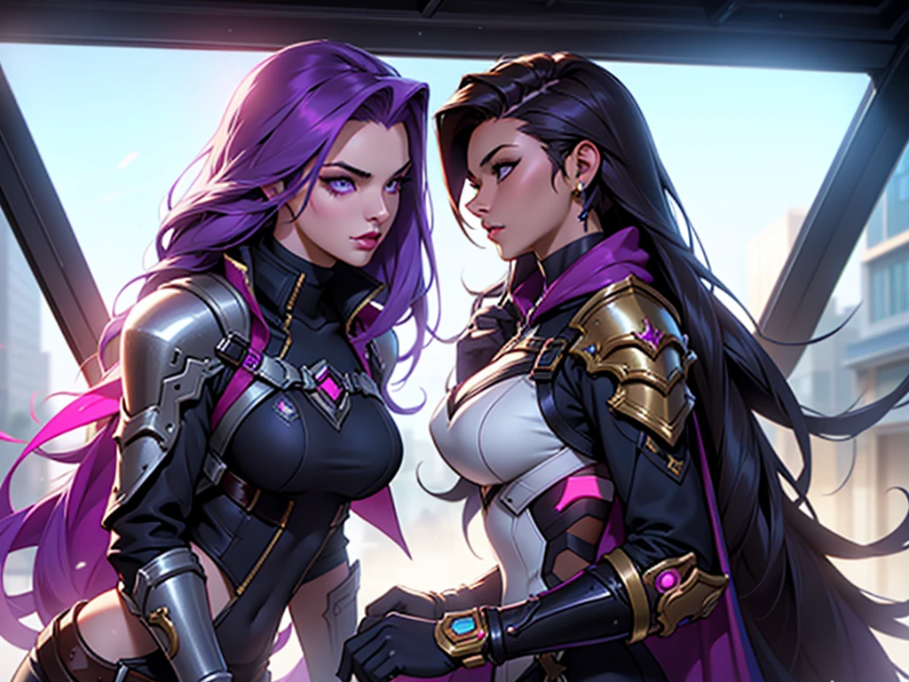 (work of art, maximum quality, best qualityer, offcial art, beautiful and aesthetic:1.2), (1 girl:1.4), Create a Shadow image, do Overwatch, usando a skin Broken Covenant da Miss Fortune do League of Legends. Imagine Sombra with the same detailed and ornate armor as the skin, with shades of purple and gold details. The armor must have a futuristic look mixed with pirate elements, including a long, flowing cape, as well as the skin&#39;s characteristic weapons and accessories. Maintain Shadow posture and expression, with a cunning and confident look, in a futuristic pirate environment, with elements of a space ship or a futuristic city in the background.