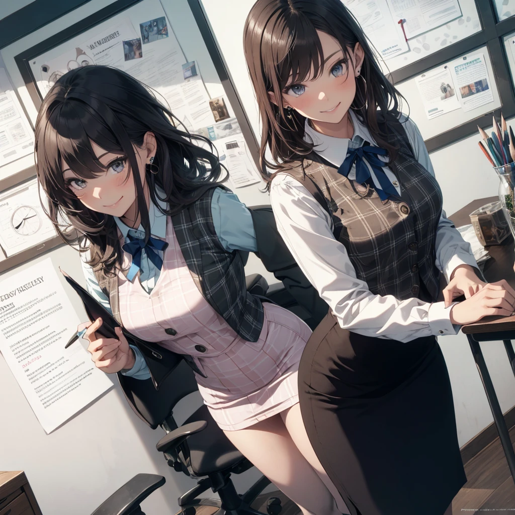(Best Quality, Masterpiece),Wearing a pink plaid vest, White short sleeved shirt, Gray pencil skirt, Wear stiletto heels, Necklace, earrings, Cute face, Smile, Blushing, Shyness, Glass wall, Ultra Detail, Realistic, Front view, Whole body, stunning, cute, warm smile, hourglass figure, apron, text, chart, advertising, magazine title(Best Quality, Masterpiece), Mag((((1ladyl,)))) (masterpiece), (realistic), (best quality), (ultra-detailed), (wearing in [[white and gray check pattern]] Vest worn over white collared long-sleeved shirt:1.4), (gray vest with buttons:1.2), (Pink Theme:1.2), (blue ribbon ribbon:1.3), (Black theme:1.4), (Tight black pencil skirt:1.5), ((Brown pantyhose)), (high-heels:1.1),longskirt,office desk, office chair,Lulubre Unity 8K Wallpaper, pantyshot, long brown hair, office lady Magazine Cover, 1girl,  amazing, girl, 30 years old, house wiife, warm smile, hourglass figure, text, chart, advertising, magazine title