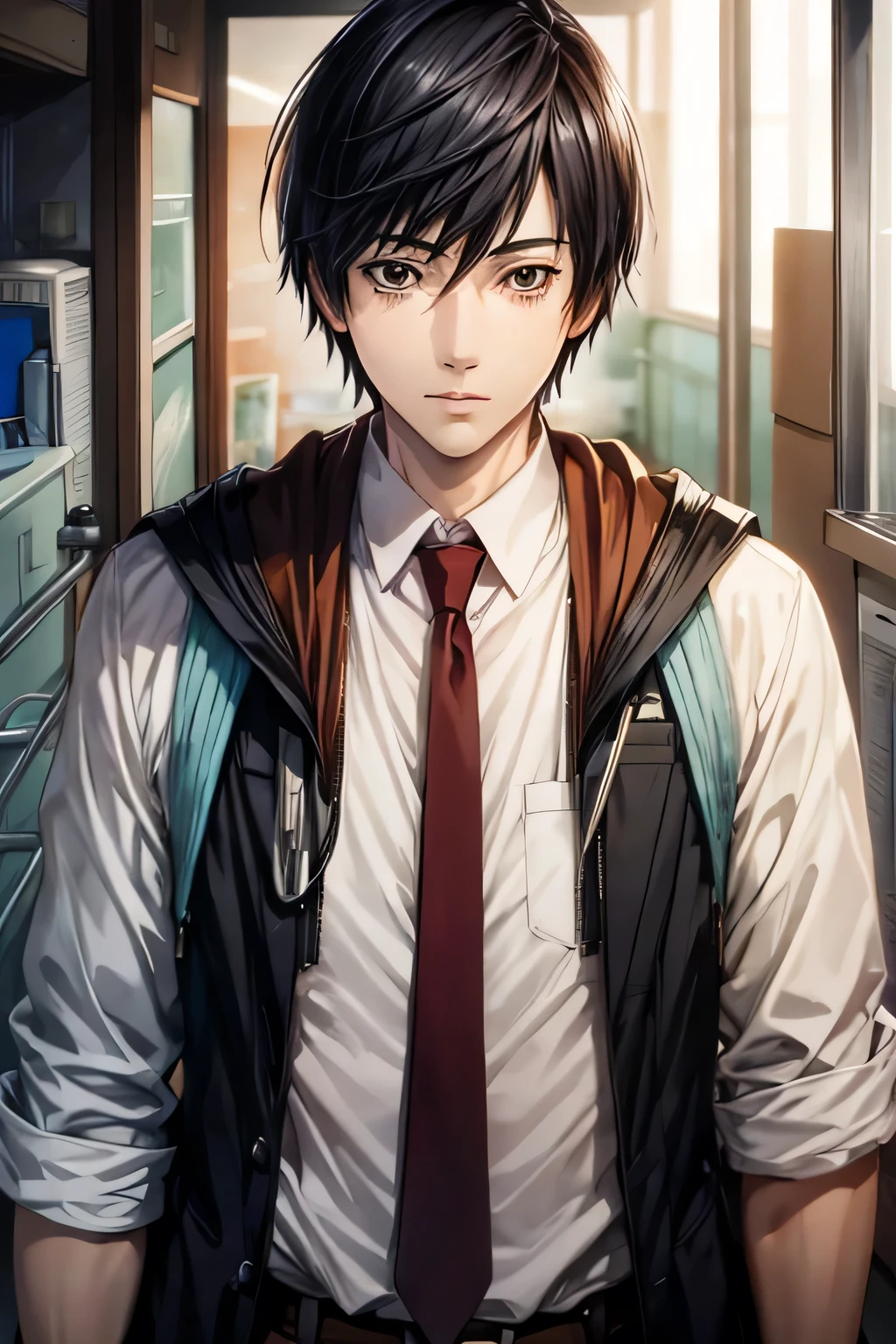 masterpiece, best quality, illustration, 1boy, solo, male focus, looking at viewer, upper body, , , realistic, hiro_shishigami, black hair, brown eyes, , hospital, HD