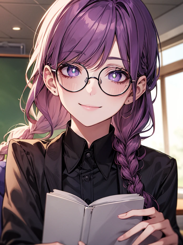 men's，single braid hair，violet colored hair，（Eye 1：2，Clear eyes，Elaborate Eyes，Delicate pupils，Good eyes，eye detailed），Face Focus，Adult，In black suit，best qualtiy，facial detailing，‎Classroom，sit on desk，sitting in the couch，lazy，Detailed background，diffuse sunlight，depth of fields，Studying　Smiling at your desk, violet eyes,black gloves, round glasses, long sleeves,violet hair, smile,