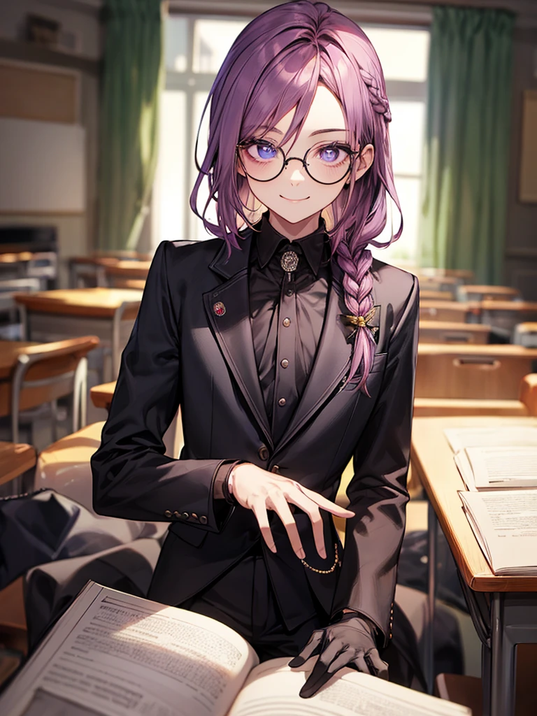 men's,single braid hair,violet colored hair,(Eye 1:2,Clear eyes,Elaborate Eyes,Delicate pupils,Good eyes,eye detailed),Face Focus,Adult,In black suit,best qualtiy,facial detailing,Classroom,sit on desk,sitting in the couch,lazy,Detailed background,diffuse sunlight,depth of fields,Studying Smiling at your desk, violet eyes,black gloves, round glasses, long sleeves,violet hair, smile,