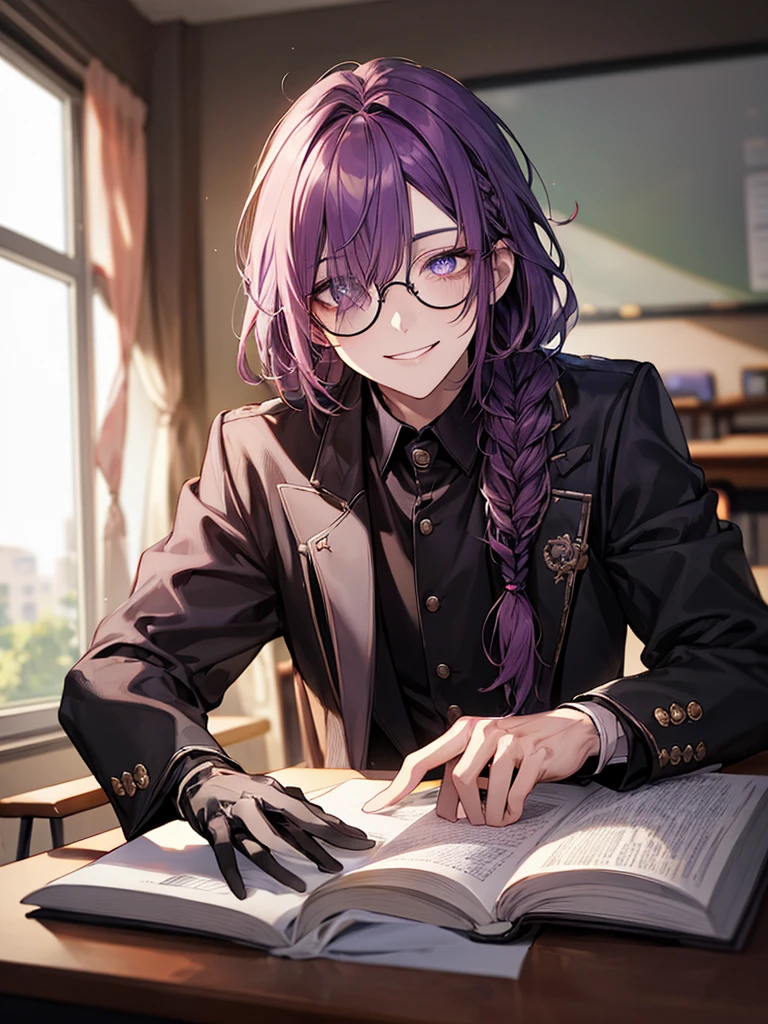 men's,single braid hair,violet colored hair,(Eye 1:2,Clear eyes,Elaborate Eyes,Delicate pupils,Good eyes,eye detailed),Face Focus,Adult,In black suit,best qualtiy,facial detailing,Classroom,sit on desk,sitting in the couch,lazy,Detailed background,diffuse sunlight,depth of fields,Studying Smiling at your desk, violet eyes,black gloves, round glasses, long sleeves,violet hair, smile,
