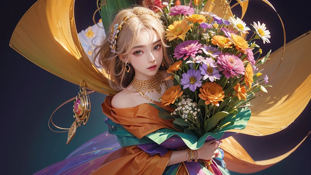 32K, 最高quality, 最高masterpiece, (ultra-Detailed Background, Detailed Background), High resolution, Super detailed, Very detailedな, One girl, (bouquet:1.3), (Tangled:1.2), (Geometric:1.2),(colorful),(masterpiece, quality, best quality, Official Art, Beautiful and beautiful:1.2), (1 girl:1.3), Very detailed,(colorful:1.1)(Flowers:1.3),Most detailed,(Tangled:1.2), whole body, (Abstract background:1.3), (Skin glows), (Many colors:1.4), ,(Earrings Jewelry:1.5), Pale Orange Background,