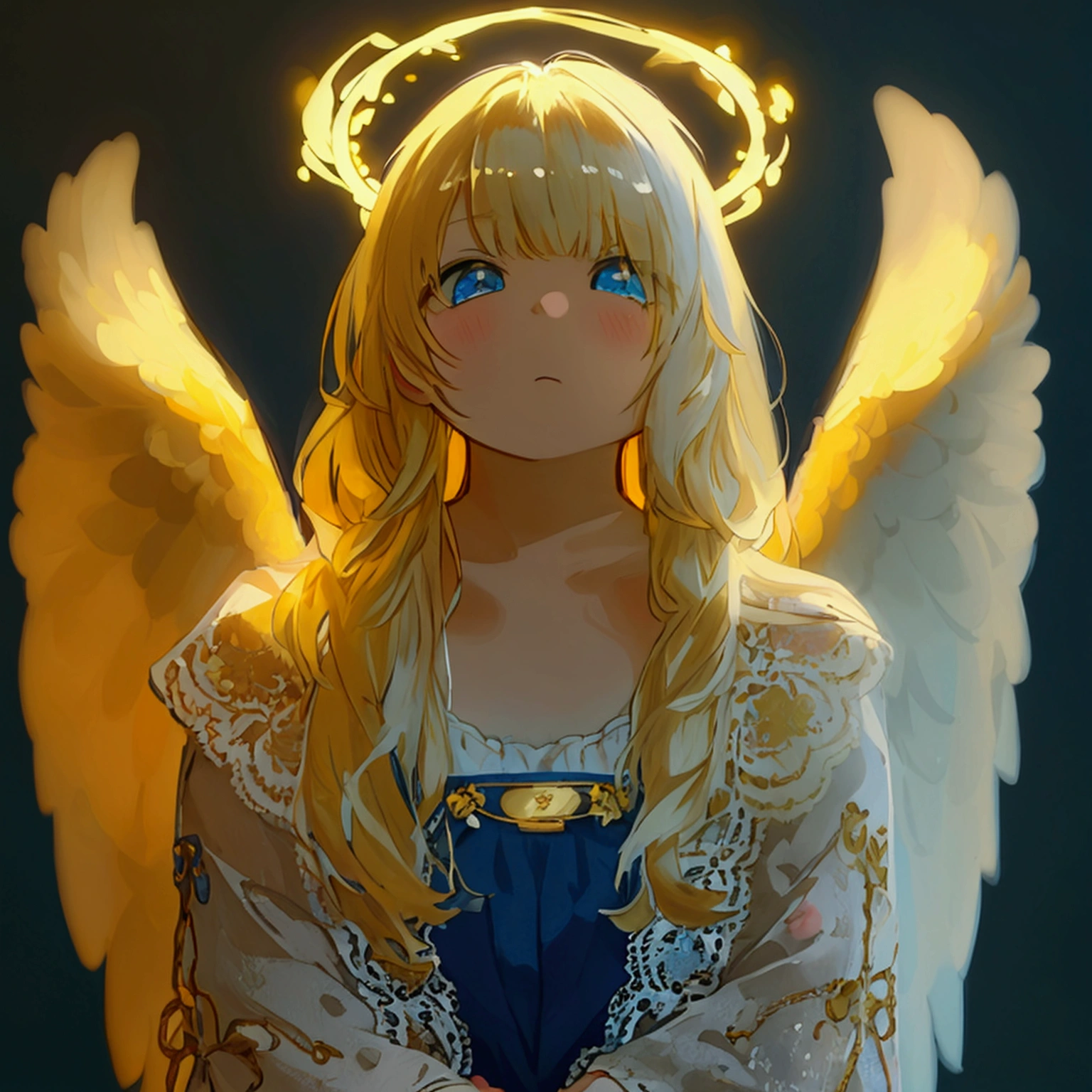 Young Girl、Angel Wings、Yellow Hair、Lady&#39;s hairstyle、Dark blue eyes、cute、beautiful girl、Anime illustration、Splattered hair、Expressionless、Glowing blue halo、vivid、Rabbit food、Straight Long Hair、両手にLightる剣を持って構えている、Light、Dark blue dress、White lace cardigan、Black innerwear、Indigo Cloak、Golden embroidery、black tights、boots