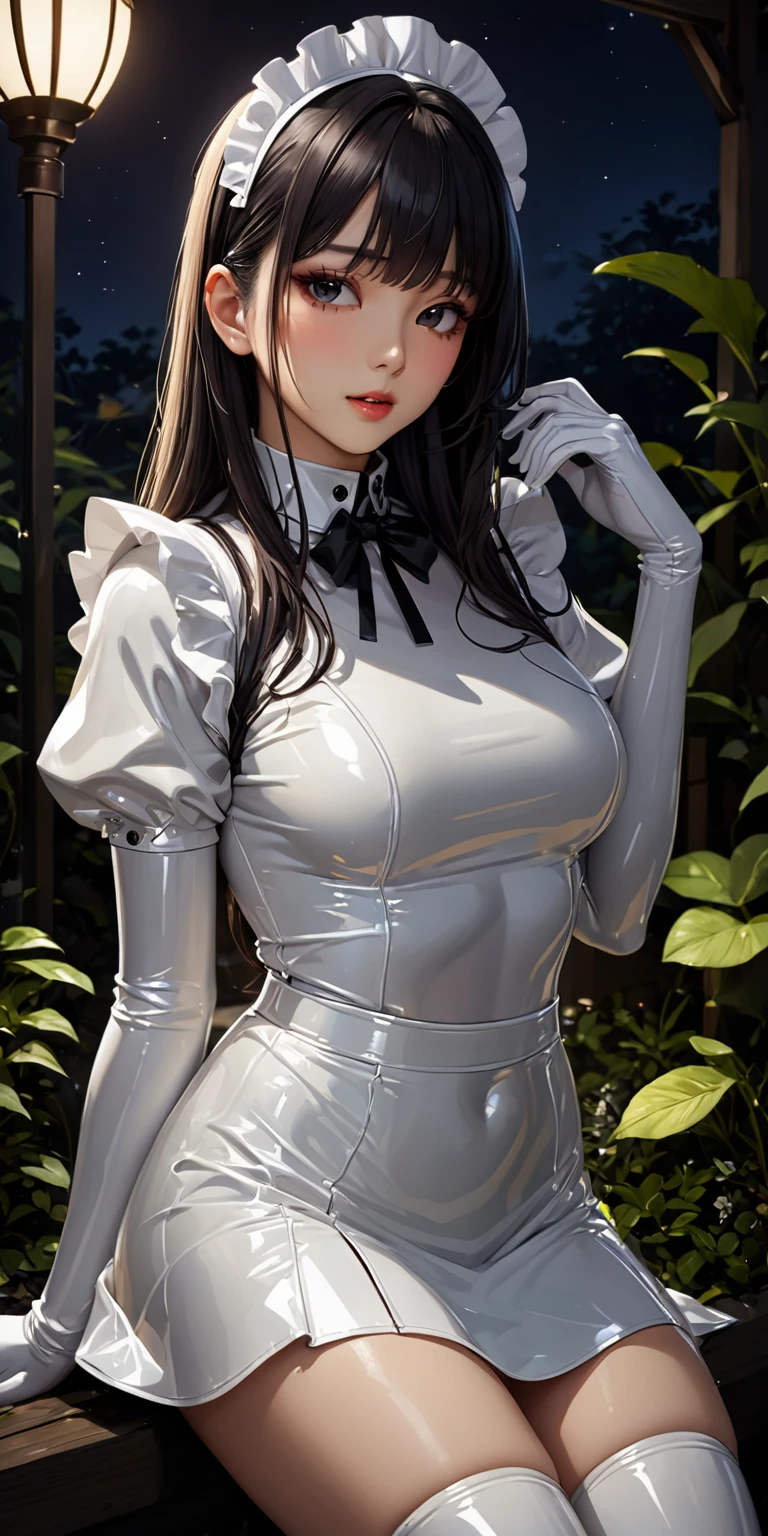 Portraiture、(masterpiece,Highest quality,Ultra-high resolution),Japanese women, (((Very beautiful 25 year old girl))),(White latex maid dress)、(((White latex long skirt)))、(A long-sleeved white latex shirt covering the upper body)、White latex long gloves、White latex socks、(White latex bodysuit)、The clothes fit snugly to the body、White latex is very shiny、Lying in the dark forest、