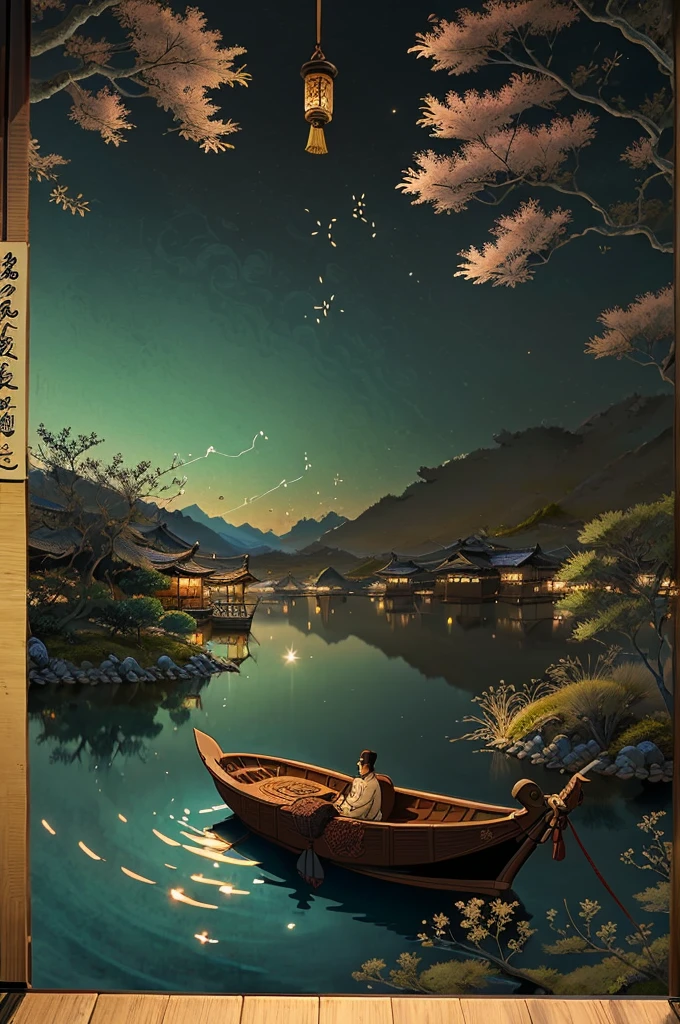 A Japanese village with a view of an Arabian-style boat floating on the water, in the style of, or inspired by, landscapes of the Edo period, inspired by Ogata Kōrin, by Utagawa Hiroshige II, by Utagawa Kunimasa, or in that style, by Hiroshige, inspired by Watanabe Shōtei, inspired by Utagawa Kunimasa.