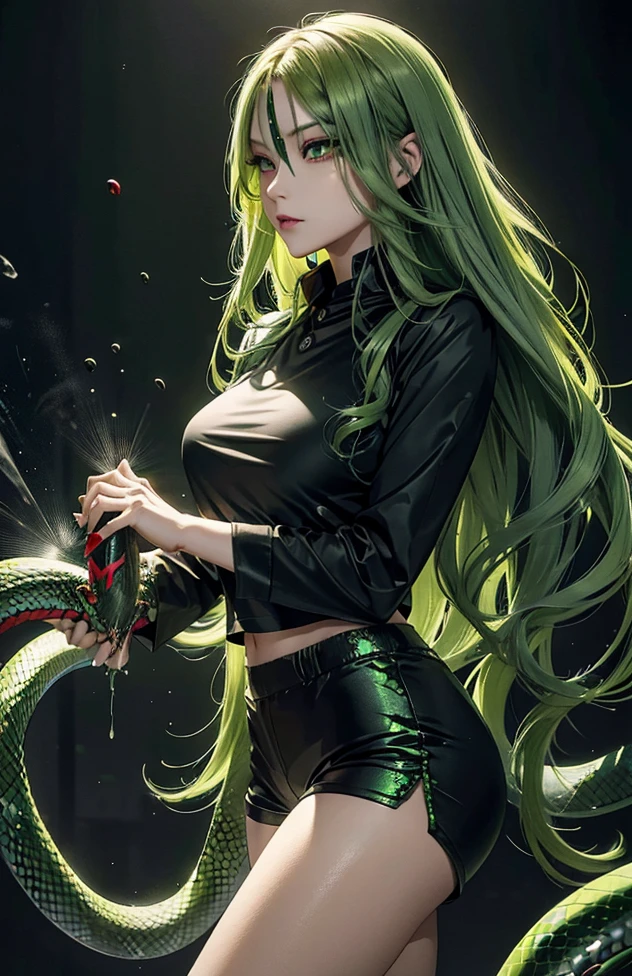 Woman with long hair straight, green hair, high detailed, realistic, ultra realistic, villain, black shirt and short pant, green acid spray mouth, ((red snake eyes))