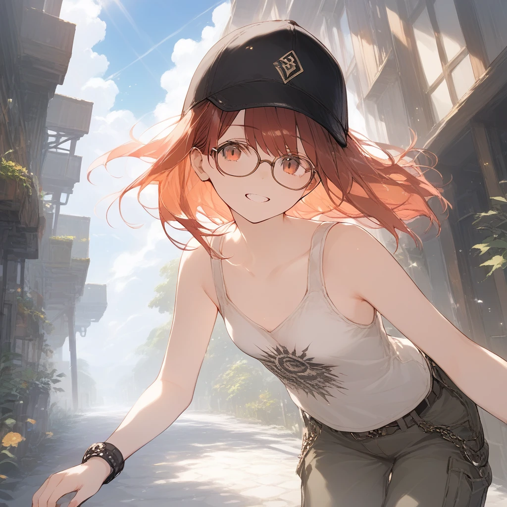 score_9, score_8_up, score_7_up, source_anime, best quality, masterpiece, official art, absurdres, highres, ultra-detailed,waifu2x,Collection: Slice of Life,break,1girl, fantasy world, short hair, glasses, small breasts, cap, tank top, cargo pants, outdoors, wilderness, wind, break,(clear line illustration:1.2),very high resolution, very aesthetic, super detailed skin, Best sexual lighting powered by famous artist, 8k,cute picture,beauty illustration,photoshop_(medium),,(Detailed Lighting),best anime 8k konachan wallpaper, pixiv contest winner,
