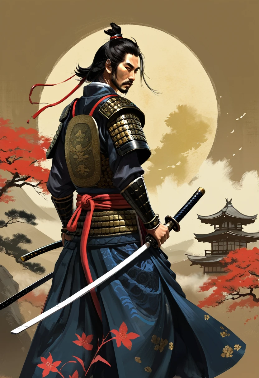 Need to create concept art of a samurai for MMORPG, centered on a Japanese setting. The character must be presented in classic samurai armor and weapons, combining elements of traditional and fantasy design. digital painting