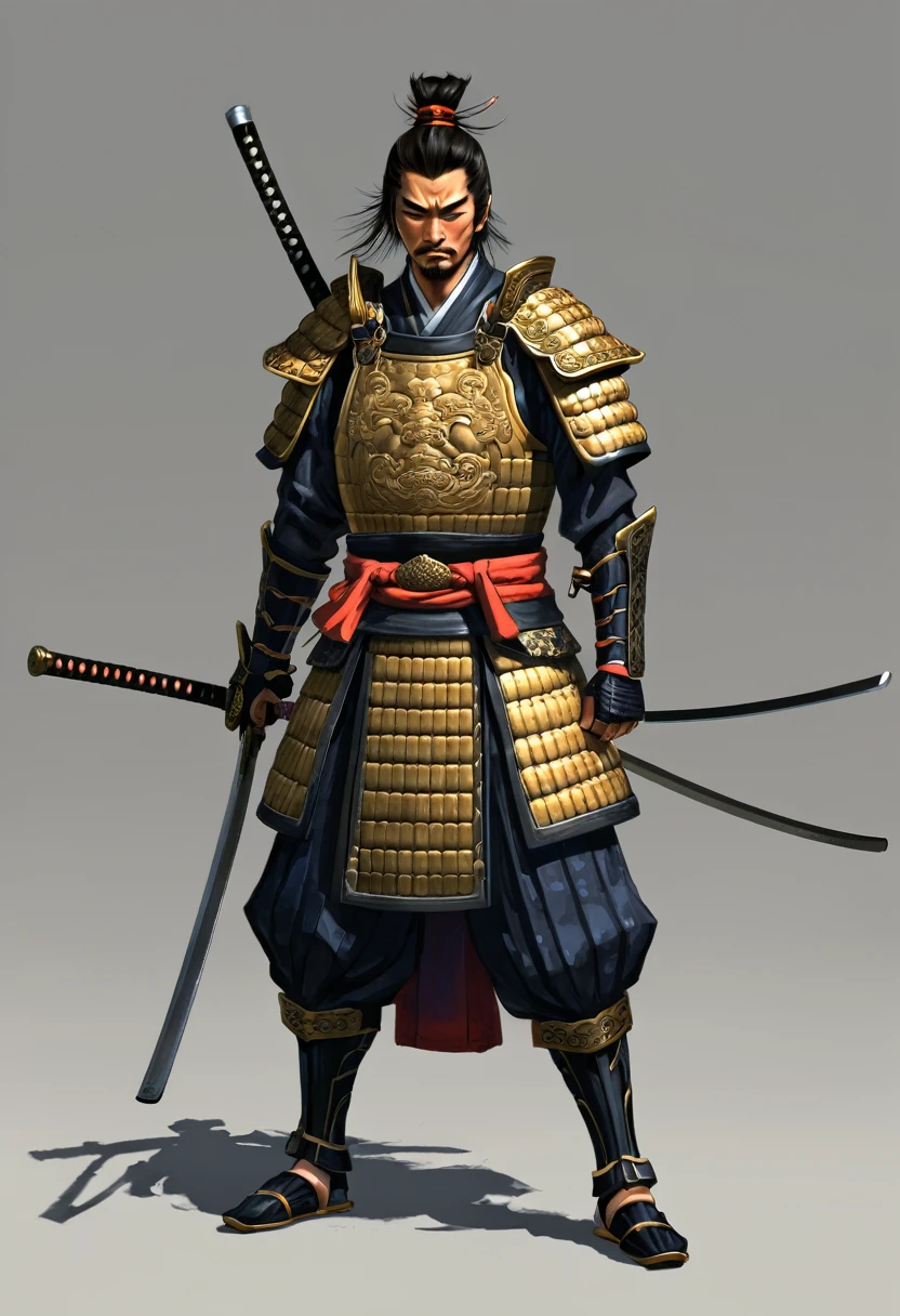 Need to create concept art of a samurai for MMORPG, centered on a Japanese setting. The character must be presented in classic samurai armor and weapons, combining elements of traditional and fantasy design. digital painting