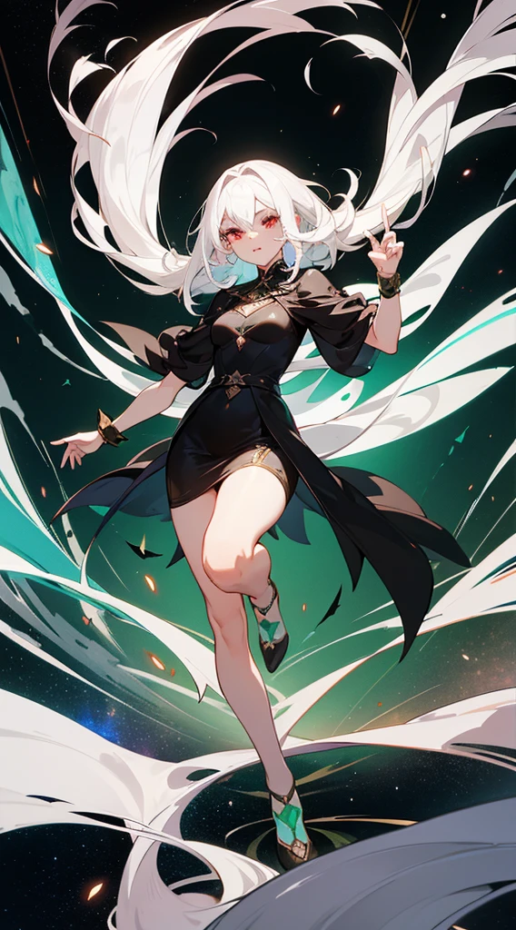 beautiful woman, white hair, long straight hair, ((crew cut: 1)), red eyes, fair skin, ((muscular: 1)), female, 28 years old, Wearing a black dress with fairy-colored silk braca, leather shawl, semi-transparent cubus of green color floating, space powers.