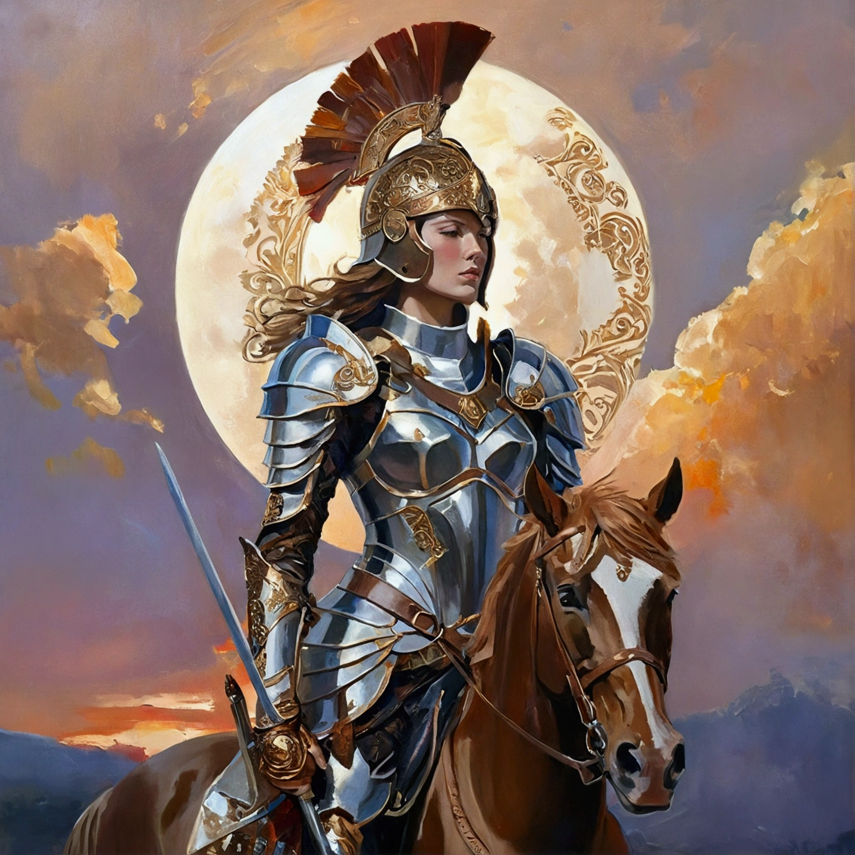 Young woman with a majestic presence, proud and self-confident, dressed in shining bronze armor, artfully decorated with filigree patterns. Her breastplate shines in the light of the sunset, while a magnificent plumed helmet sits on her head. In the background a glowing, Mystical sky, which reflects the phases of the lunar calendar in vibrant colors, creating a magical atmosphere. She embodies the ideal captain, the master of the battlefield and a resolute warrior, with a majestic sword in his hand. Her demeanor radiates calm and honor, while their wise eyes reflect the stories of countless battles. The picture is made in the style of an opulent oil painting, reminiscent of the works of Rubens and Klimt, with dynamic brushstrokes and bright, expressive colors.