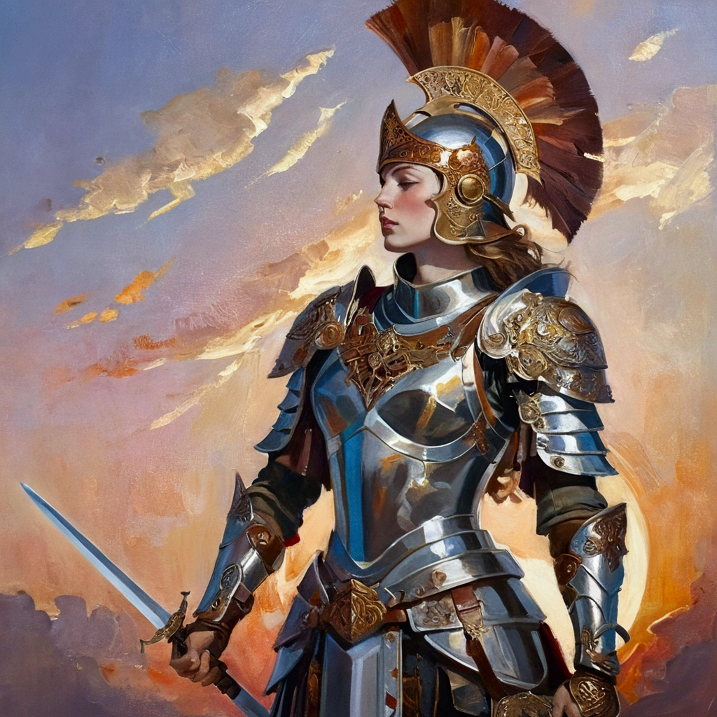 Young woman with a majestic presence, proud and self-confident, dressed in shining bronze armor, artfully decorated with filigree patterns. Her breastplate shines in the light of the sunset, while a magnificent plumed helmet sits on her head. In the background a glowing, Mystical sky, which reflects the phases of the lunar calendar in vibrant colors, creating a magical atmosphere. She embodies the ideal captain, the master of the battlefield and a resolute warrior, with a majestic sword in his hand. Her demeanor radiates calm and honor, while their wise eyes reflect the stories of countless battles. The picture is made in the style of an opulent oil painting, reminiscent of the works of Rubens and Klimt, with dynamic brushstrokes and bright, expressive colors.