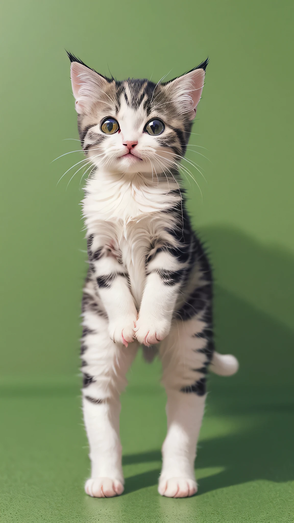 (kitten) , (standing:1.4) , (looking_at_viewer:1.4) , ((solo)) , animal ,((green sheet background)),  (symmetrical) , (masterpiece , best quality) , full body , (no_humans), animal focus、