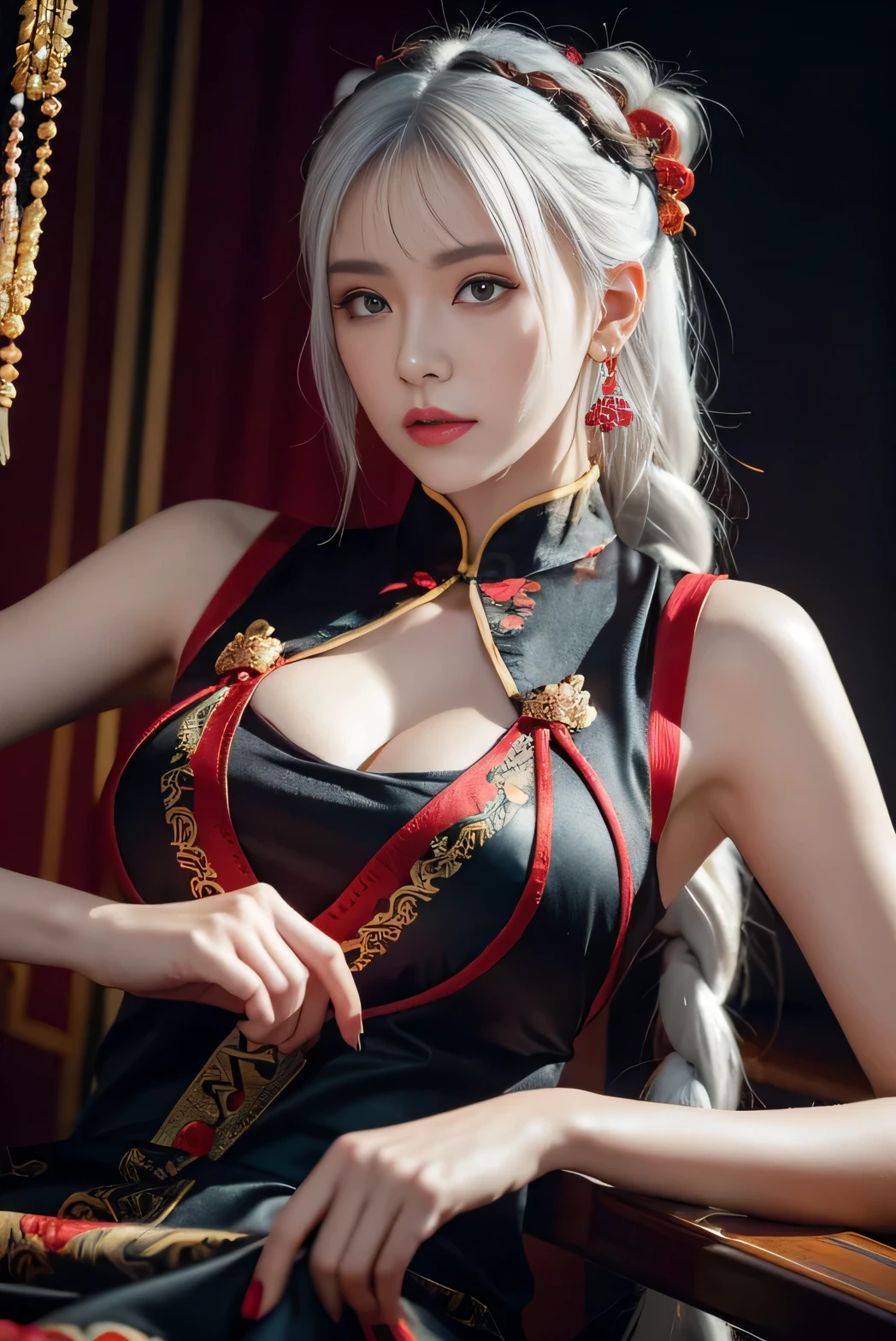 vibrant colors, female, masterpiece, sharp focus, best quality, depth of field, cinematic lighting, white hair, red eyes, braid, dress, long hair, red eyes, tattoo, earrings, jewelry, black dress, hair ornament, bangs, chinese clothes, breasts, china dress, sleeveless, 