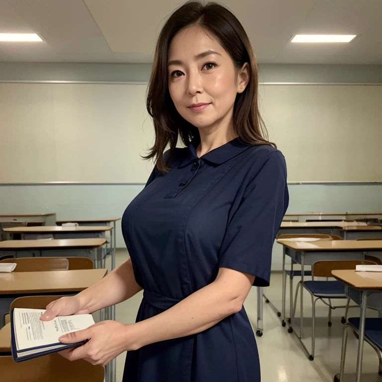 High resolution, High-level image quality, High definition, masterpiece, 8k, Anatomically correct, Professional Lighting, sharp, White Photo, ((Japanese Mature, 90 years old, Beautiful female teacher)), One person, ((Facial wrinkles)), Shapely large breasts, Straight, light brown, long hair that reaches the shoulders, Chubby body type, ((School classroom, Standing upright, holding the attendance book and looking at the viewer)), (((Navy short-sleeved long shirt dress))), Composition from knee to head
