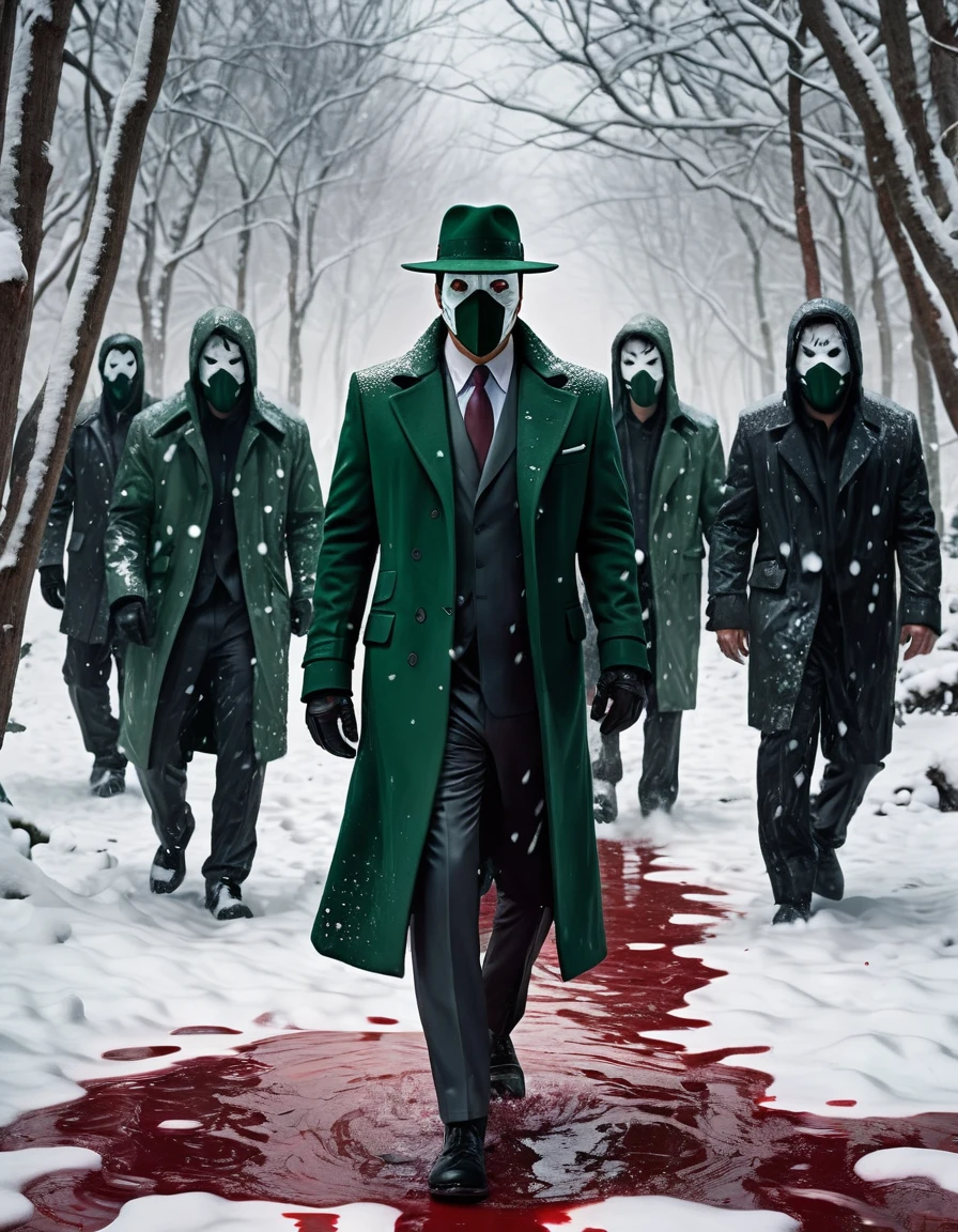 a photorealistic rorschach character in jungle, 6 feet tall, with half face covered with grey mask, black eyes, black hair, a injury cut on his face , wearing a dark green suit, full shot, walking in snow in between two gangs chinese gang figting with guns blazing, blood scattering all around, the snow ground which is covered in pool of blood, background covered with trees, night lighting, dramatic lighting
