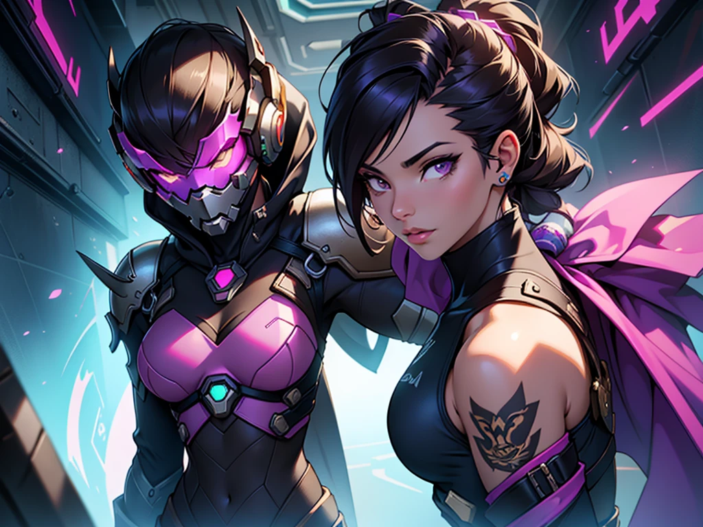 (work of art, maximum quality, best qualityer, offcial art, beautiful and aesthetic:1.2), (1 girl:1.4), Create a Shadow image, do Overwatch, usando a skin Broken Covenant . Imagine Sombra with the same detailed and ornate armor as the skin, with shades of purple and gold details. The armor must have a futuristic look mixed with pirate elements, including a long, flowing cape, as well as the skin&#39;s characteristic weapons and accessories. Maintain Shadow posture and expression, with a cunning and confident look, in a futuristic pirate environment, with elements of a space ship or a futuristic city in the background.