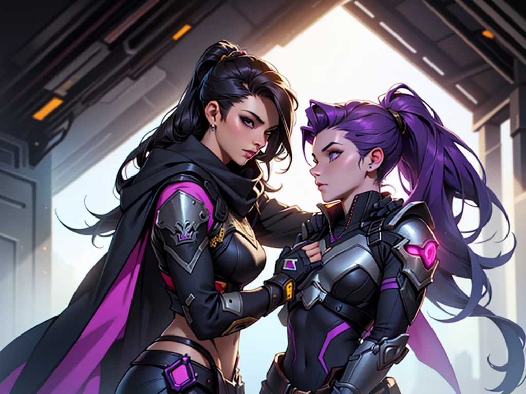 (work of art, maximum quality, best qualityer, offcial art, beautiful and aesthetic:1.2), (1 girl:1.4), Create a Shadow image, do Overwatch, usando a skin Broken Covenant . Imagine Sombra with the same detailed and ornate armor as the skin, with shades of purple and gold details. The armor must have a futuristic look mixed with pirate elements, including a long, flowing cape, as well as the skin&#39;s characteristic weapons and accessories. Maintain Shadow posture and expression, with a cunning and confident look, in a futuristic pirate environment, with elements of a space ship or a futuristic city in the background.