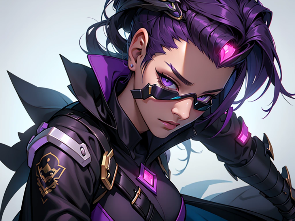 (work of art, maximum quality, best qualityer, offcial art, beautiful and aesthetic:1.2), (1 girl:1.4), Create a Shadow image, do Overwatch, usando a skin Broken Covenant . Imagine Sombra with the same detailed and ornate armor as the skin, with shades of purple and gold details. The armor must have a futuristic look mixed with pirate elements, including a long, flowing cape, as well as the skin&#39;s characteristic weapons and accessories. Maintain Shadow posture and expression, with a cunning and confident look, in a futuristic pirate environment, with elements of a space ship or a futuristic city in the background.