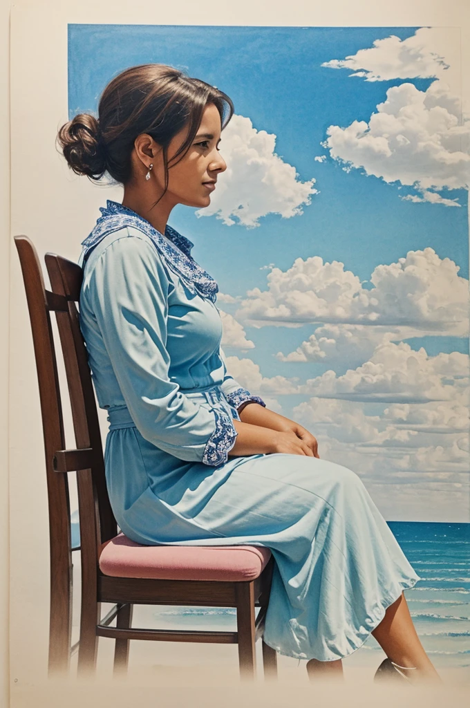 Sketch of a lady sitting down with clouds around her