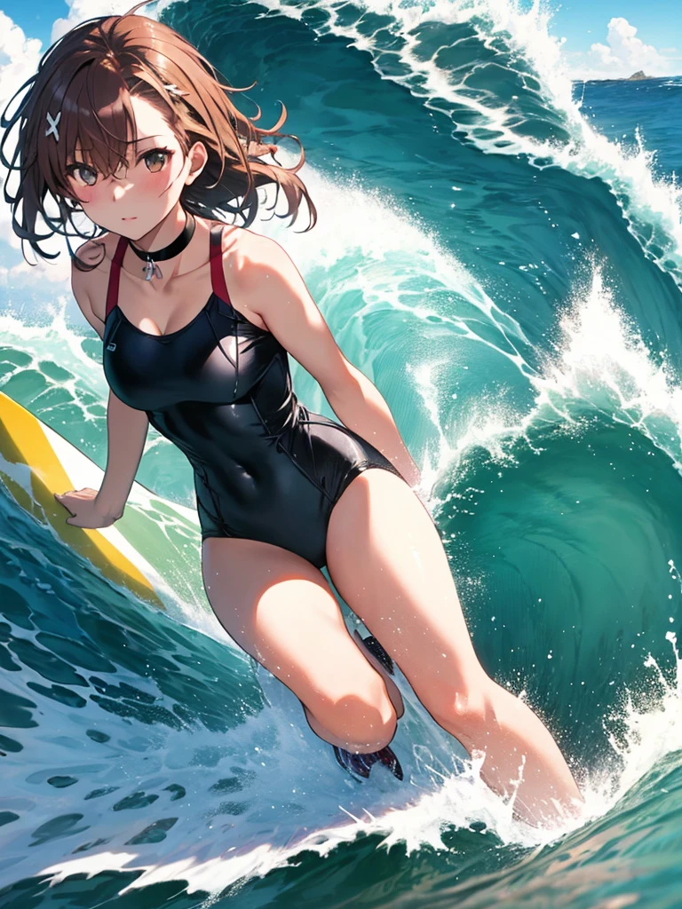 Female surfer riding a wave in the ocean early in the morning, Surfing:1.5, Misaka Mikoto, One girl, Black choker, 超High resolution, retina, masterpiece, Accurate, Anatomically correct, Textured skin, Super Detail, Attention to detail, high quality, 最high quality, High resolution, 4K