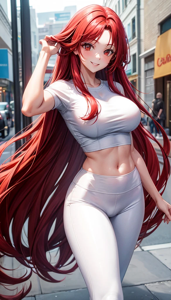 a young adult female with long, straight, shiny rouge red hair, dressed in a white shirt risque style and tight yoga pants. Smiling cutely way, endowed