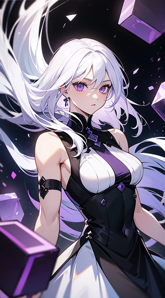 beautiful woman, white hair, long straight hair, ((crew cut: 1)), violet eyes, fair skin, ((muscular: 1)), female, 28 years old, Wearing a black dress, white silk flowing Around the body, purple cubes floating, spatial powers, gravity powers.