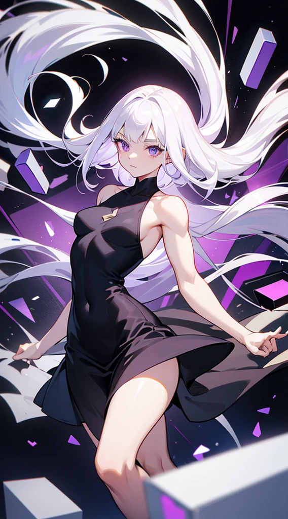 beautiful woman, white hair, long straight hair, ((crew cut: 1)), violet eyes, fair skin, ((muscular: 1)), female, 28 years old, Wearing a black dress, white silk flowing Around the body, purple cubes floating, spatial powers, gravity powers.
