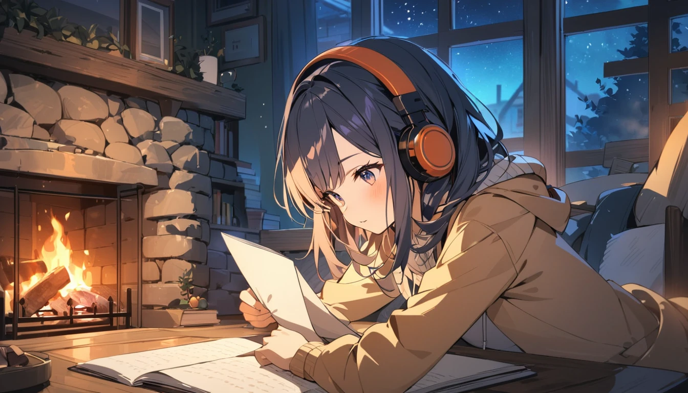 beautiful girl studying, in the cozy place, stone and wood, fireplace, listening music using headphone, colourfull, 4k, blue ambience, night, fireplace is just one, fireplace is only one