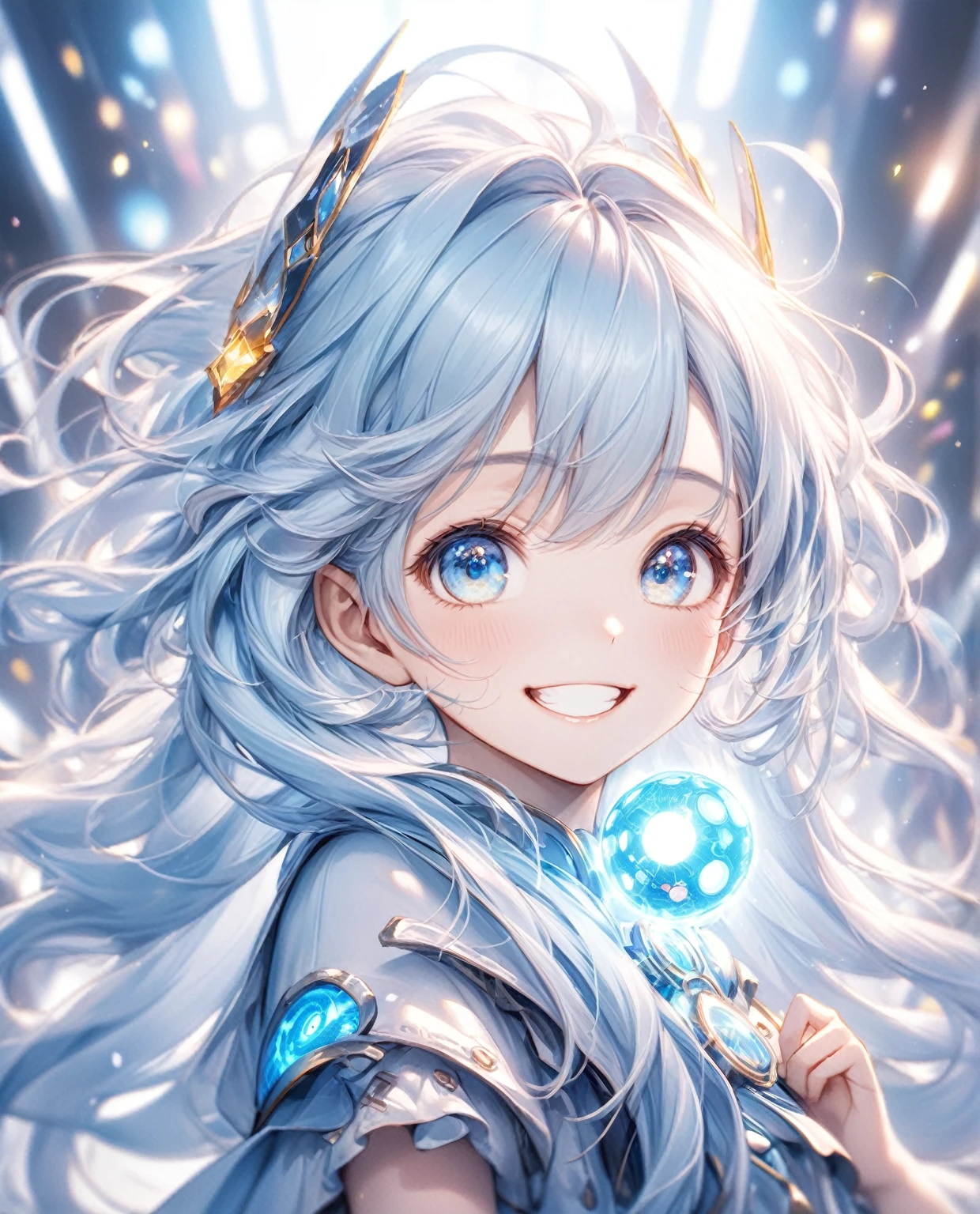 (Highest quality,8k,32K,masterpiece,Ultra-high resolution :1.2 ),born,One girl,Super cute,Natural light,Clear, shining eyes,20-year-old,Fair skin,An innocent smile,Electronic world fantasy background,Grin,Light blue hair,Long Hair,Characteristic hairstyle,
