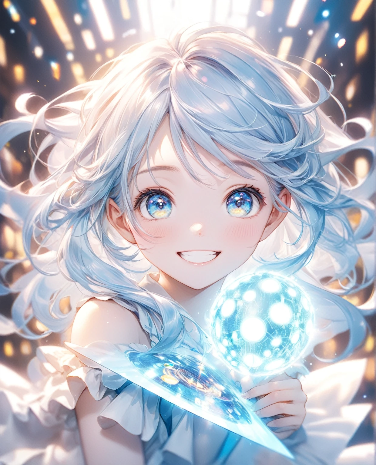 (Highest quality,8k,32K,masterpiece,Ultra-high resolution :1.2 ),born,One girl,Super cute,Natural light,Clear, shining eyes,20-year-old,Fair skin,An innocent smile,Electronic world fantasy background,Grin,Light blue hair,Long Hair,Characteristic hairstyle,